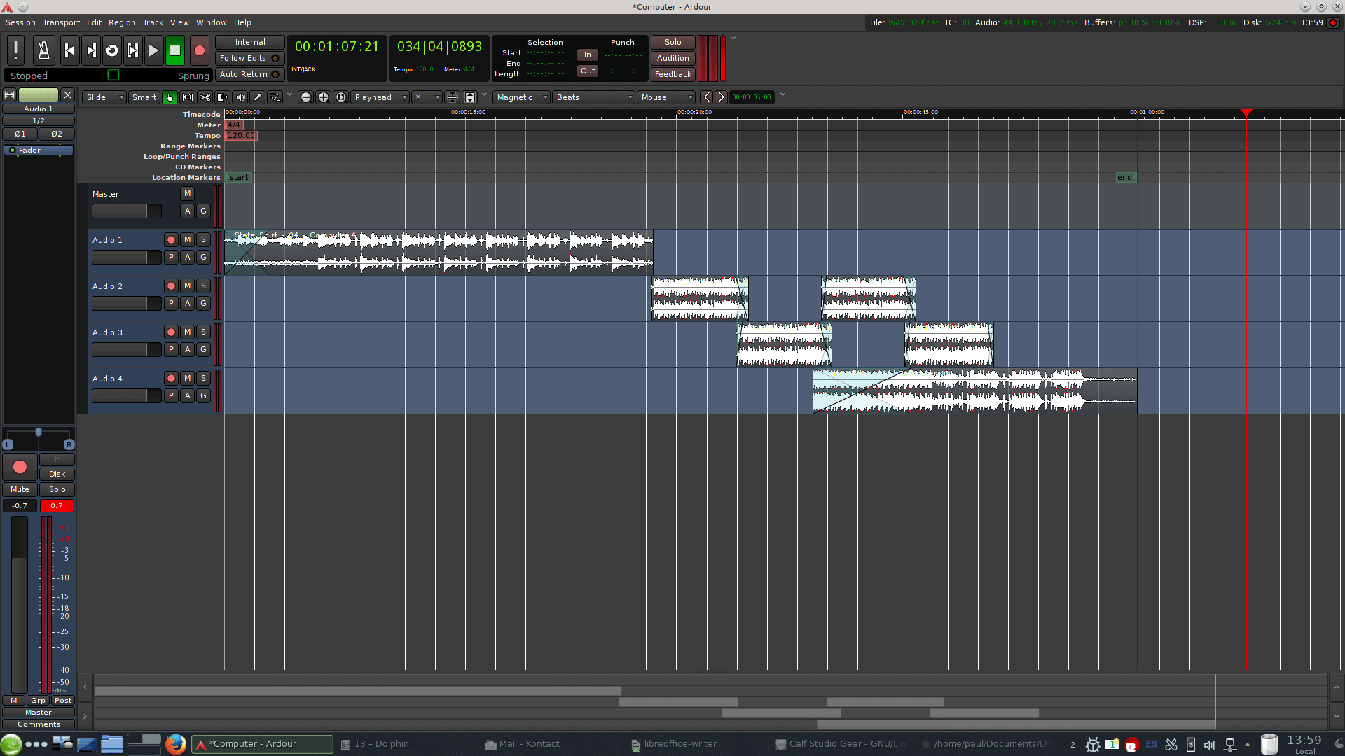 Ardour is a full-featured and cool-looking audio track editor.