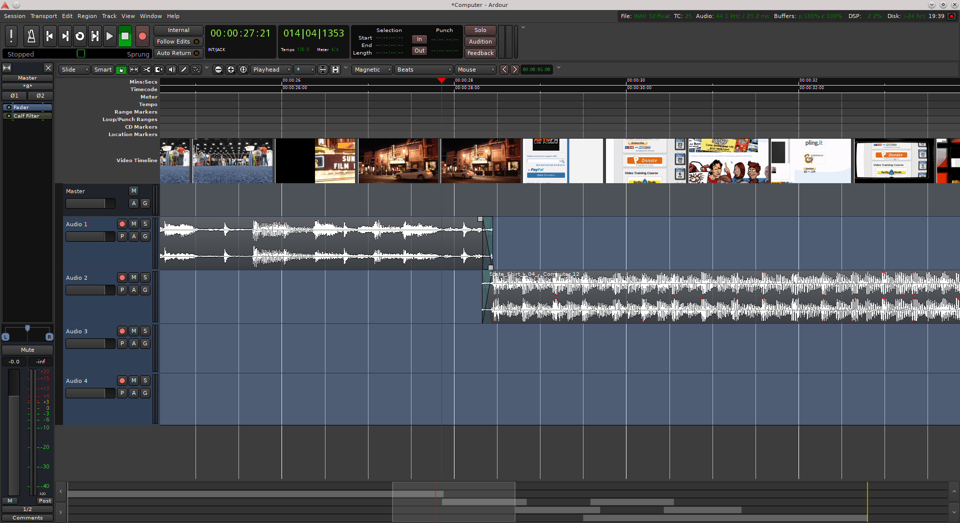 Ardour is great for editing the soundtrack for your videos. With harvid installed, it even allows you to see the frames so you can synch the beats with the cuts.