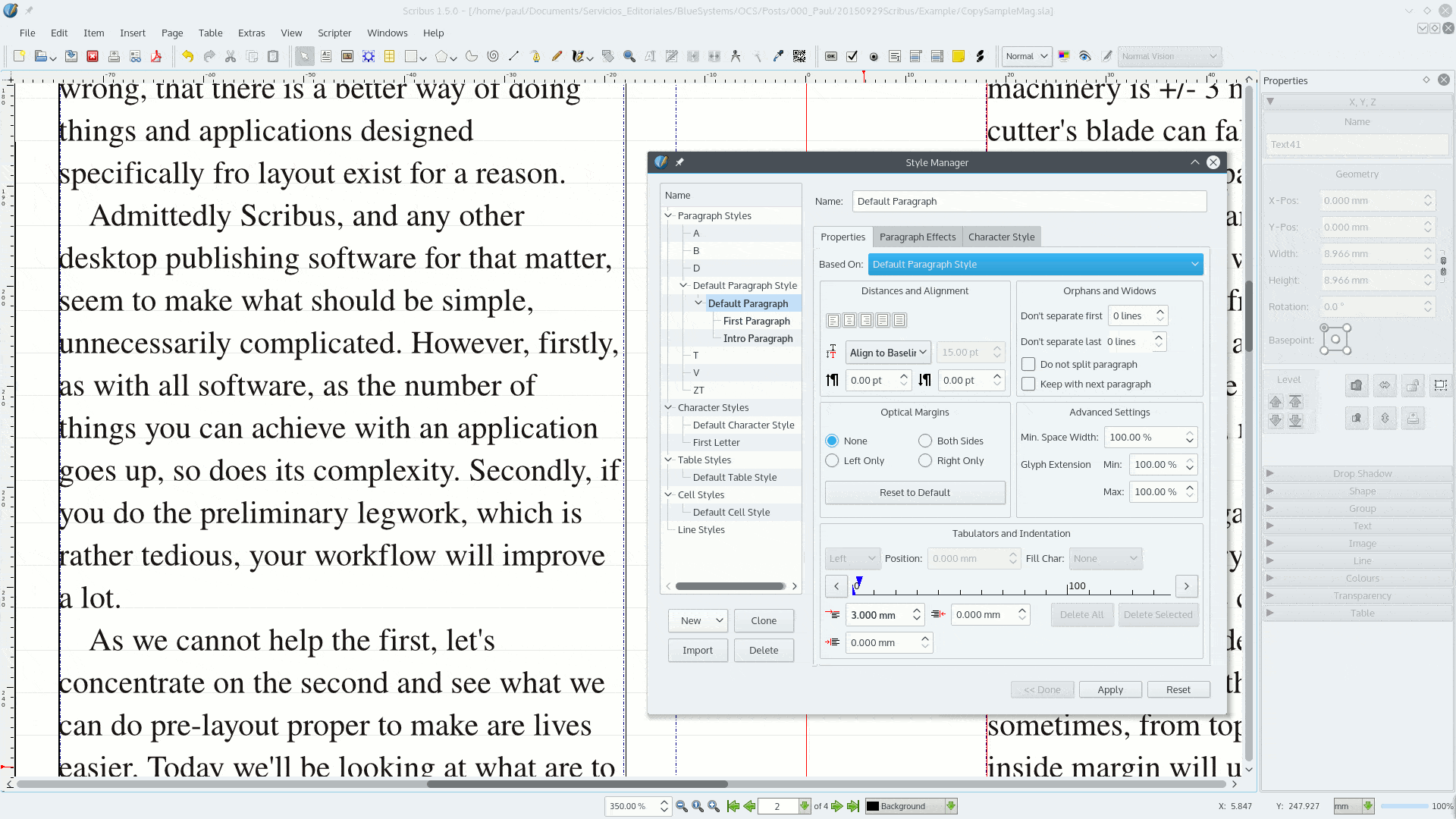 The three tabs of the Style Editor. On the left, you can see what the style looks like when applied to a paragraph.