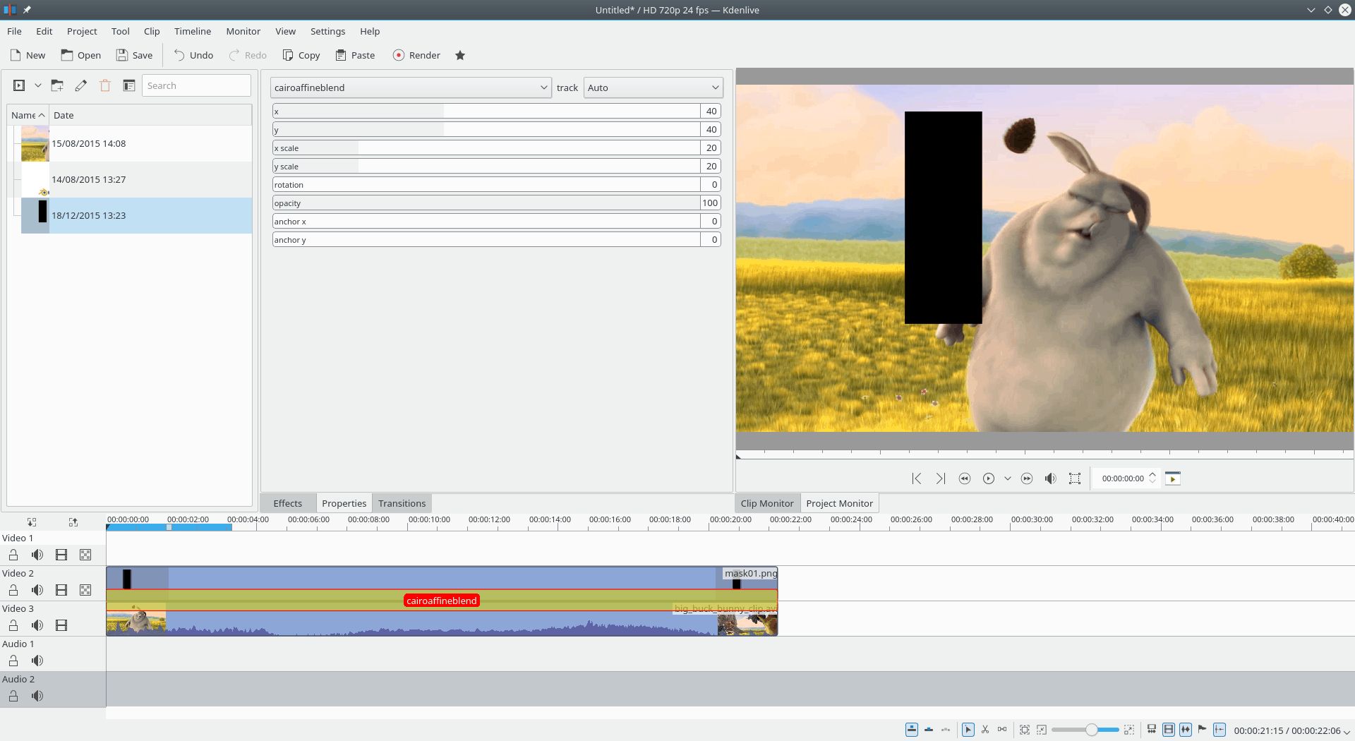 Make sure the mask clip is in a track above the movie clip and pull it so it is as long as the movie clip. Combine both clips with a cairoaffineblend transition.