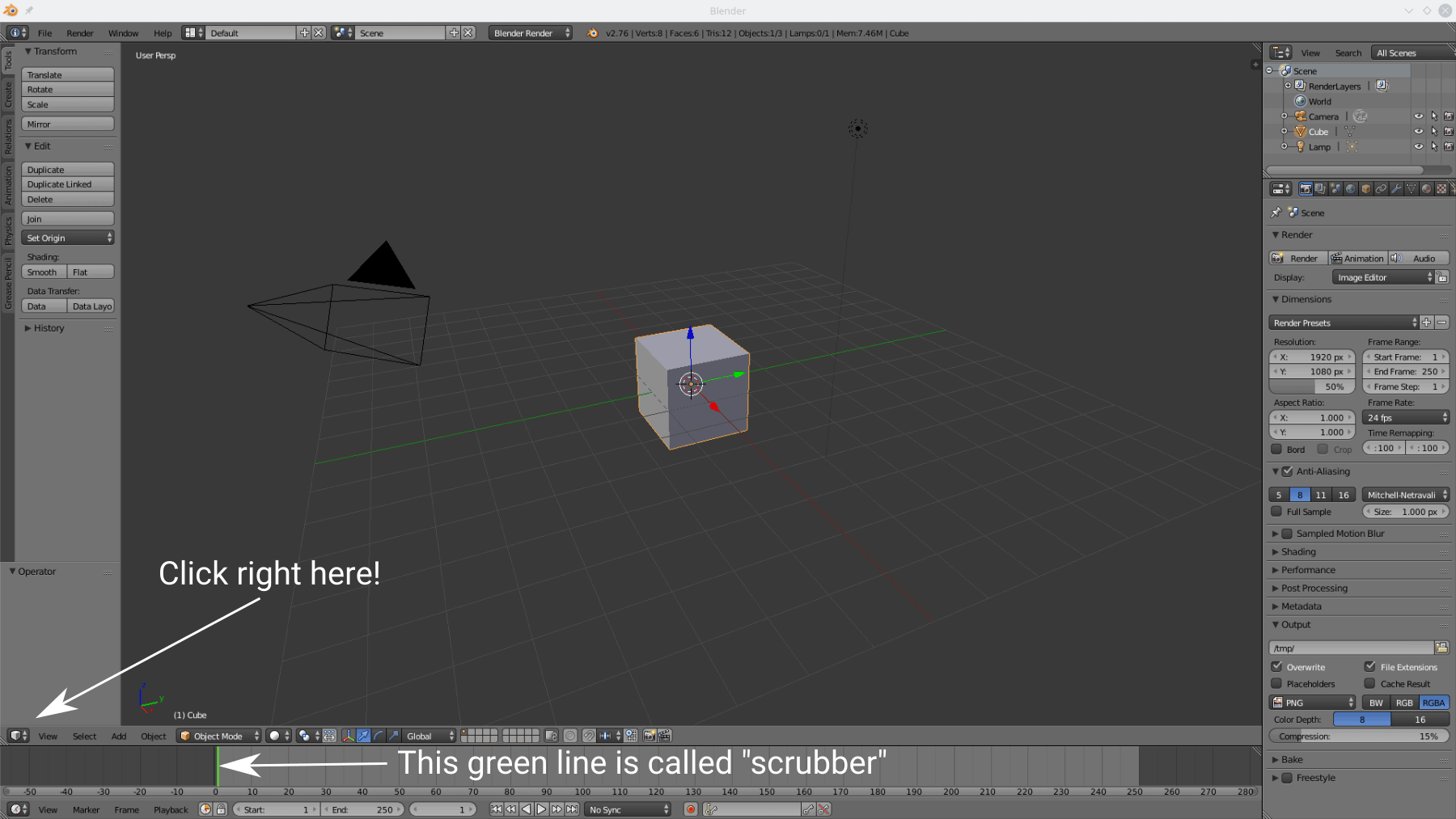 Blender's default startup 3D screen. This what you'll see when you start Blender for the first time.