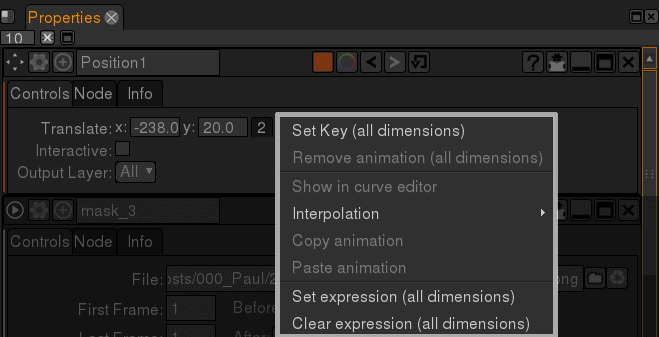The animation menu allows you to set keyframes and adjust how Natron will handle your animation.