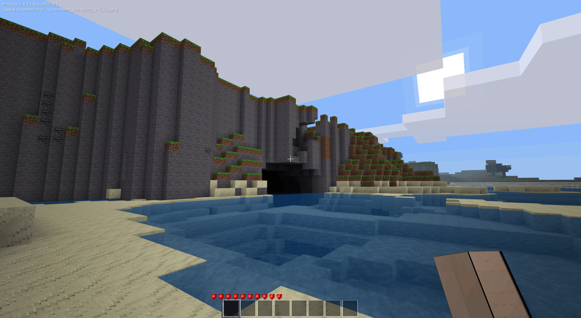 The sun rises over a desert lagoon in Minetest. A whole world of adventure awaits.