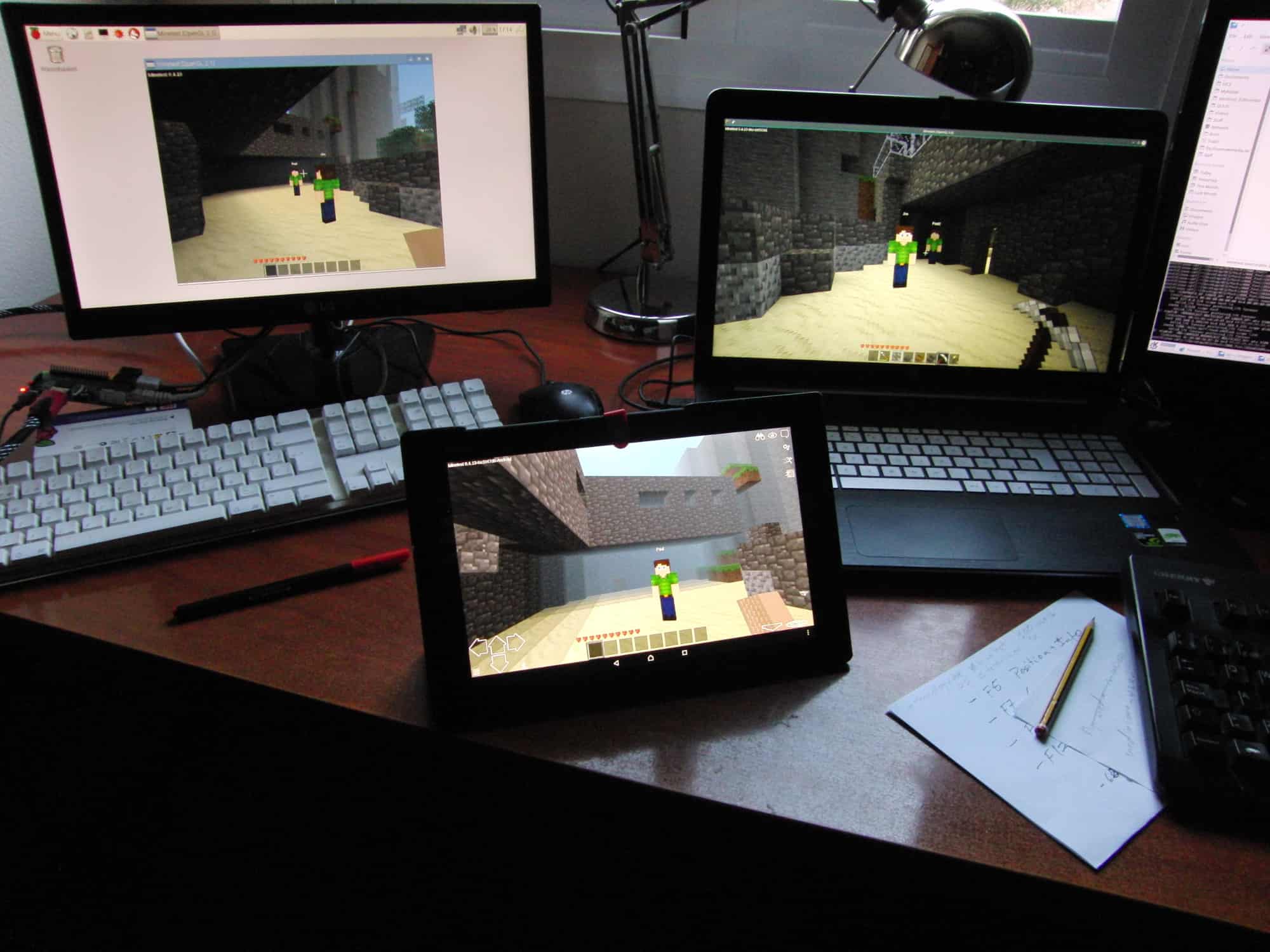 From left to right, Minetest running on a Raspberry Pi, an Android tablet, and a PC with Linux.