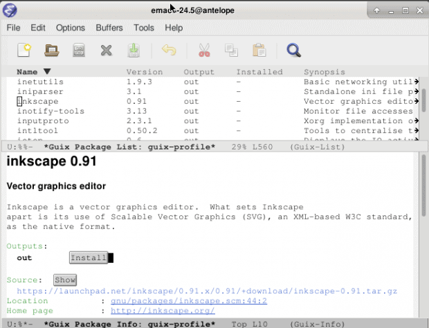 The use of the extensible GNU Guile allows Guix to be run from within Emacs.