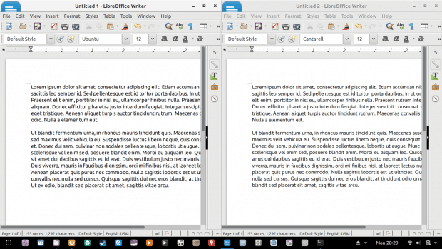 Comparison between default Fedora fonts - Cantarell (right) and Ubuntu fonts (left), 110% line spacing