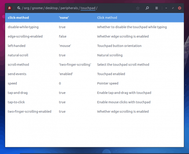 Touchpad, dconf-editor