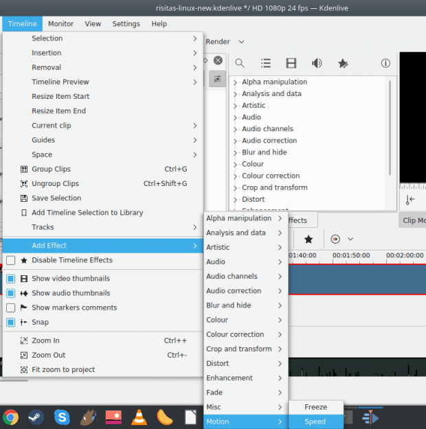 Effects, motion speed shows via Timeline